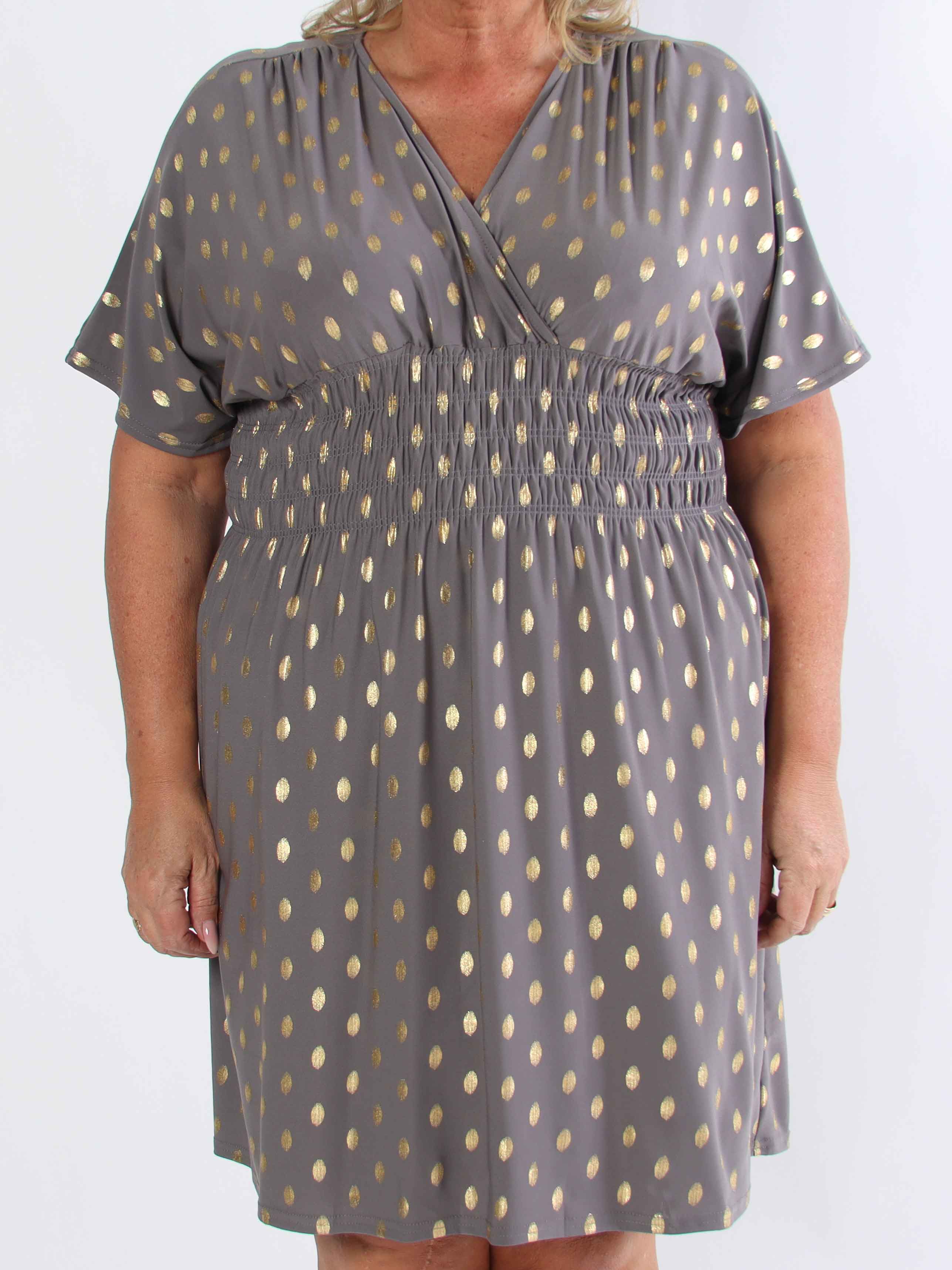 Pams Dot Short - Plus size elastisk kjole med guld prikker